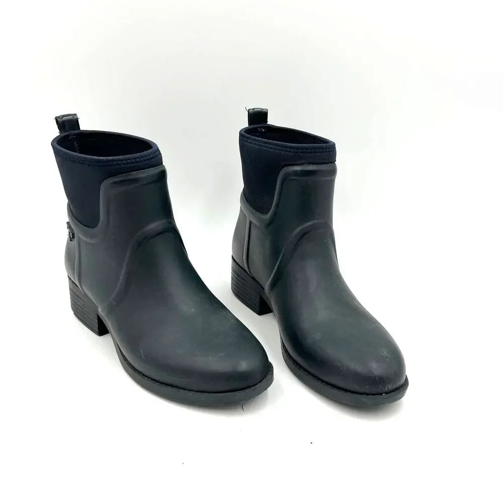 Tory Burch Rubber April Rain Boots Navy Blue Pull On Ankle Booties Waterproof